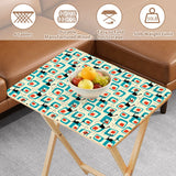 Atomic Cat Teal retro TV tray set of 4, tabletop close-up with fruit bowl
