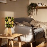 70s Retro Table Lamp: Brown Green Polka Dot Linen Shade, Wood Tripod Base