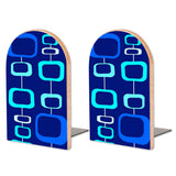 Retro Blue Atomic Squares wooden bookends, set of 2, with cyan squares on deep blue