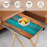 Teal Wood Grain retro TV tray set of 4, tabletop close-up with fruit bowl