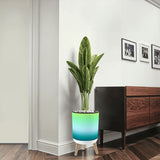 Retro Flower Pot - 70s Style, Wooden Legs, Fading Blue Green