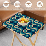 Teal Wave Circles retro TV tray set of 4, tabletop close-up with fruit bowl
