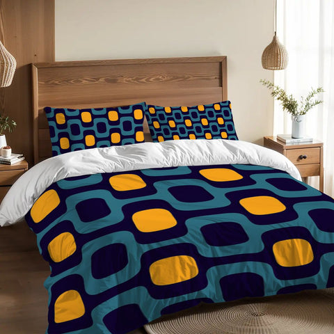 Blue Yellow Microfiber Comforter Set: Midcentury Retro Queen Size Bed