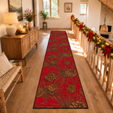 Red Holidays Season Vintage Style Hallway Retro Runner Rug with Pine Cones