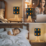 Retro 70s Pattern Table Lamp – Wood Tripod Base, Linen Shade