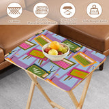 Atomic TV Lilac retro TV tray set of 4, tabletop close-up with fruit bowl