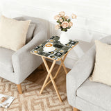 Atomic Bottles Olive retro TV tray set of 4, next to a grey sofa with flowers