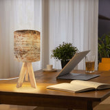 Retro Table Lamp – Wood Grain Print, Linen Shade, Wooden Legs