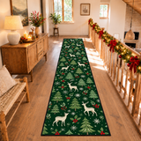 Green Woodland Christmas Runner Rug 24" × 120" – Deer & Pine Trees
