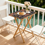 Navy Paisley retro TV tray set of 4, on a balcony with coffee and pastries