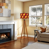 Midcentury Tripod Floor Lamp – Retro 1970s Print Shade orange red yellow