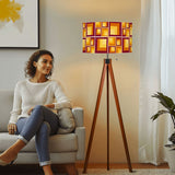 70s Retro Tripod Floor Lamp: Yellow Brown Linen Shade, Smart LED