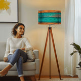 Scandinavian Retro Tripod Floor Lamp - Rustic Wood Grain Brown Blue