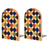 Retro Multicolor Dots wooden bookends, set of 2, with navy, brown and tan dots
