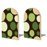 Retro Green Dots wooden bookends, set of 2, with big olive circles on dark brown