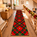 Poinsettia Christmas Runner Rug 24" × 120" – Red & Green Plaid
