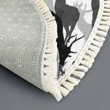 Black White Gray Deer Round Winter Retro Rug with Tassels