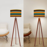 Striped 70s Retro Tripod Floor Lamp: Midcentury Linen Shade, Wooden Base