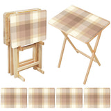 Beige Plaid retro TV tray set of 4, open table and four folded trays with storage rack