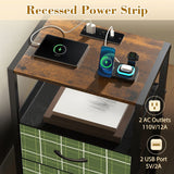 Green Plaid Style Retro 60s Bedside Cabinet with Integrated Power Access