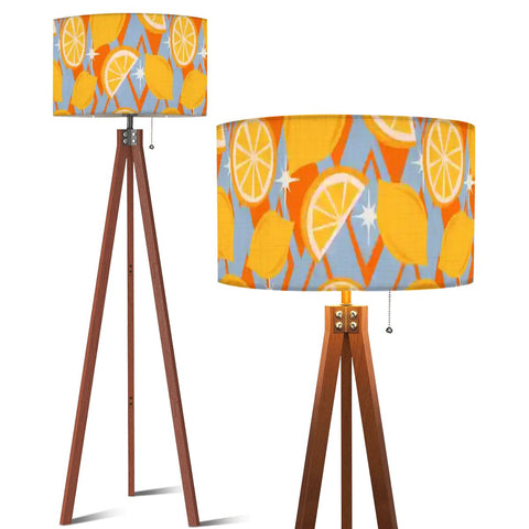 Scandi Retro Tripod Floor Lamp, Mid Century Lemon Fruits Pattern