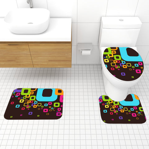 70s Style Bathroom Mat Set | Retro Midcentury 3-Piece Rugs, Geometric Rainbow Colors Black