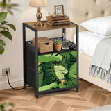 Monstera Leaf Print Nightstand with Built-In Power & Retro Front
