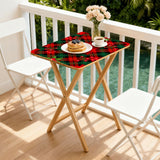 Poinsettia Plaid retro TV tray set of 4, on a balcony with coffee and pastries