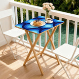 Blue Peacock Eye retro TV tray set of 4, on a balcony with coffee and pastries