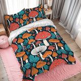Retro Mushrooms Duvet Cover Set: 70s Full Size Microfiber Bedding