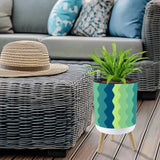 70s Midcentury Scandi Style Plant Pot with Wooden Legs Wavy Blue Green - retro plant pot