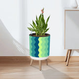 70s Midcentury Scandi Style Plant Pot with Wooden Legs Wavy Blue Green - retro plant pot