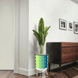 70s Midcentury Scandi Style Plant Pot with Wooden Legs Wavy Blue Green - retro plant pot