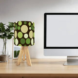 70s Retro Table Lamp: Brown Green Polka Dot Linen Shade Wood Tripod Base - retro table lamps