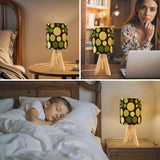 70s Retro Table Lamp: Brown Green Polka Dot Linen Shade Wood Tripod Base - retro table lamps