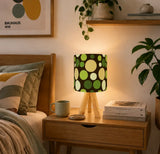 70s Retro Table Lamp: Brown Green Polka Dot Linen Shade Wood Tripod Base - retro table lamps