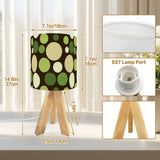 70s Retro Table Lamp: Brown Green Polka Dot Linen Shade Wood Tripod Base - retro table lamps