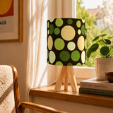 70s Retro Table Lamp: Brown Green Polka Dot Linen Shade Wood Tripod Base - retro table lamps
