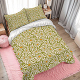 Retro 70s Daisy Pattern Duvet Cover Set: Green Orange White Floral Bedding