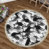 Black White Gray Deer Round Winter Retro Rug with Tassels