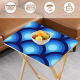 Blue Peacock Eye retro TV tray set of 4, tabletop close-up with fruit bowl