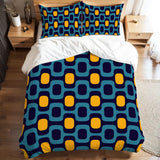 Retro 70s Double Duvet Cover Set: Midcentury Blue Yellow Microfiber Bedding