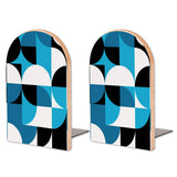 Retro Blue Geometric wooden bookends, set of 2, with blue, black and white quarter circles