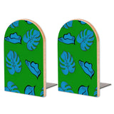 Retro Tropical Leaf wooden bookends, set of 2, with blue and teal leaves on green