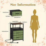 Green Plaid Style Retro 60s Bedside Cabinet with Integrated Power Access