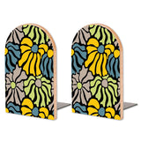 Retro Yellow Abstract Floral wooden bookends, set of 2, with yellow, teal and black blooms