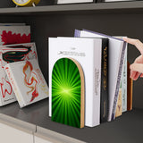 Green Sunburst retro wooden bookend on a dark shelf with books