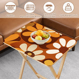 Brown Orange Daisies retro TV tray set of 4, tabletop close-up with fruit bowl