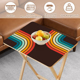 Rainbow Arcs 70s retro TV tray set of 4, tabletop close-up with fruit bowl