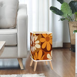 Scandi Square Small Trash Can with Lid Floral Pattern Daisies Orange